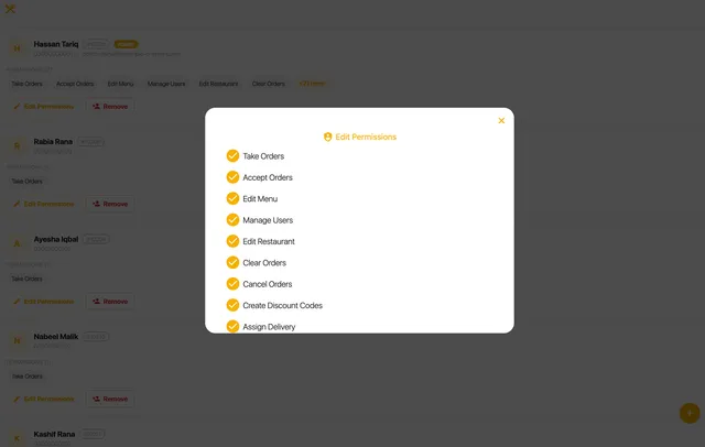 The permission editor for a staff member showing individual toggles for order-taking, menu editing, finances and more.