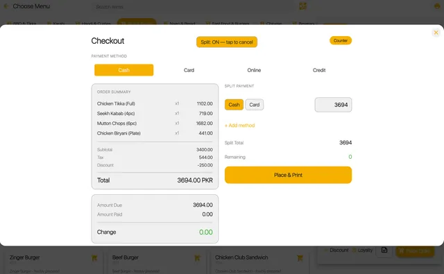 The checkout screen with split payment turned on, showing the order summary, amount due and a Place & Print button.
