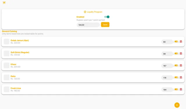 The loyalty program settings showing the points-earning rate and a catalog of menu items redeemable for points.
