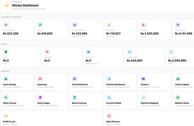 The finance dashboard showing cash, bank, card-in-transit, receivables, payables and stock value at a glance, alongside today's sales and net profit.