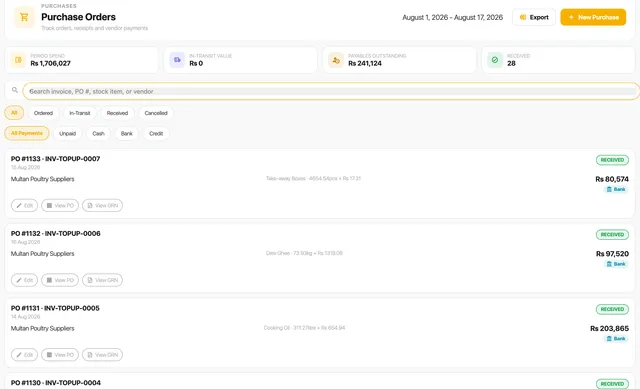 The purchase orders list showing recent vendor deliveries with items, amounts and payment status.