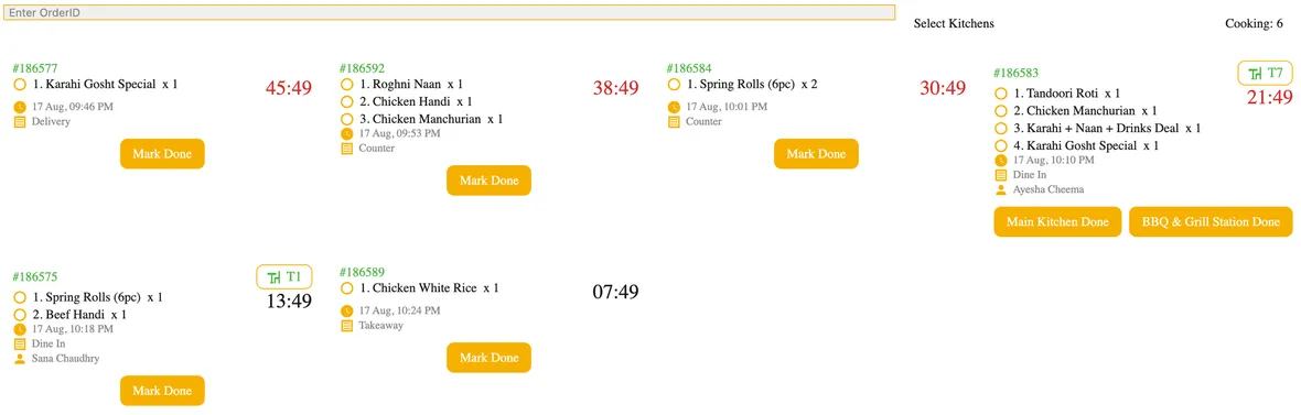 A kitchen display board with six active tickets at different ages, including a combined order split across two kitchen stations.
