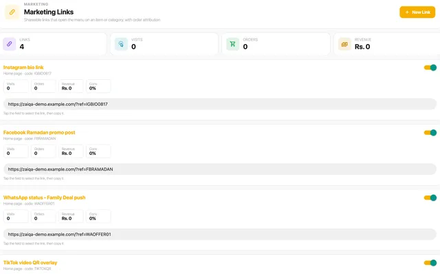 A list of shareable marketing links for social media and messaging channels, each with its own tracked short URL.