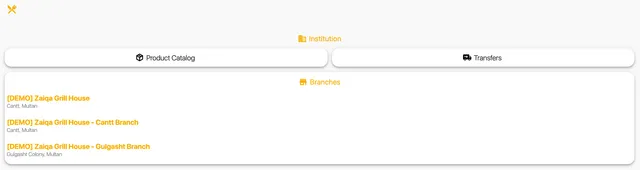 An organization's branch switcher listing three linked restaurant locations with their addresses.