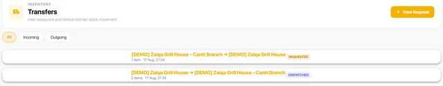 An inter-branch stock transfer list showing a dispatched delivery to one branch and a pending request from another.