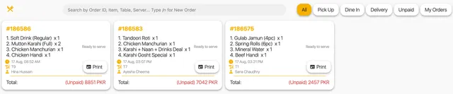 A live order board showing active dine-in, pickup and delivery orders with their items, table numbers and servers.