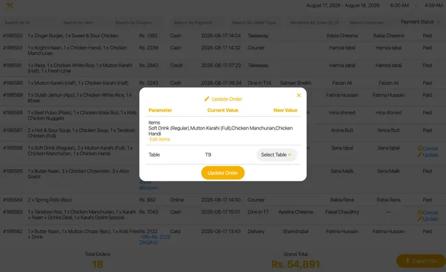 Order detail and edit screen showing the full item list, table assignment, and history for a single order.