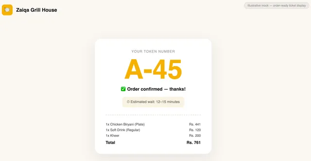 An order-confirmation ticket showing the customer's token number, estimated wait time, and itemised order total.