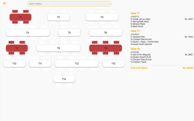 A restaurant floor plan showing a mix of occupied and available tables, with live order totals for each occupied table.