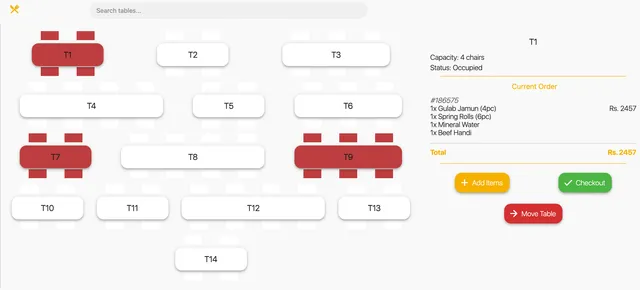 Detail view of an occupied table showing its current order, capacity, and options to add items, check out, or move the table.