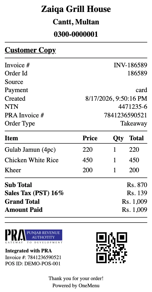A customer receipt showing the itemised order alongside a PRA fiscal invoice number and scannable QR code.