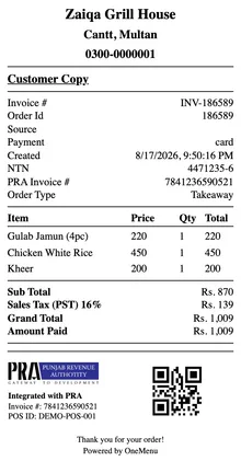 A customer receipt showing the itemised order alongside a PRA fiscal invoice number and scannable QR code.