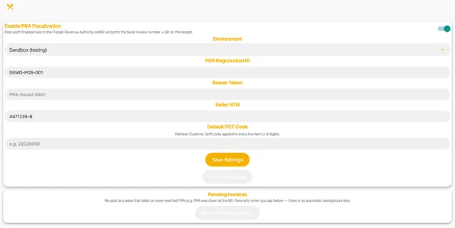 The fiscal settings screen for connecting a restaurant's point of sale to the Punjab Revenue Authority, including environment and registration fields.