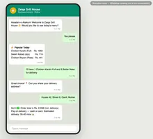 An illustrative mock of a WhatsApp ordering conversation, showing a customer browsing the menu and placing a delivery order.